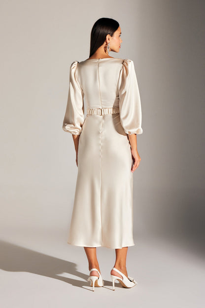 DIANA Balloon Sleeve ECRU dress with stone belt