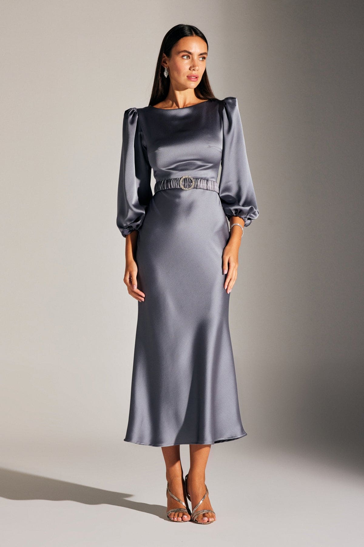 DIANA Balloon Sleeve GRAY dress with stone belt