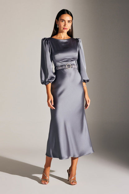 DIANA Balloon Sleeve GRAY dress with stone belt