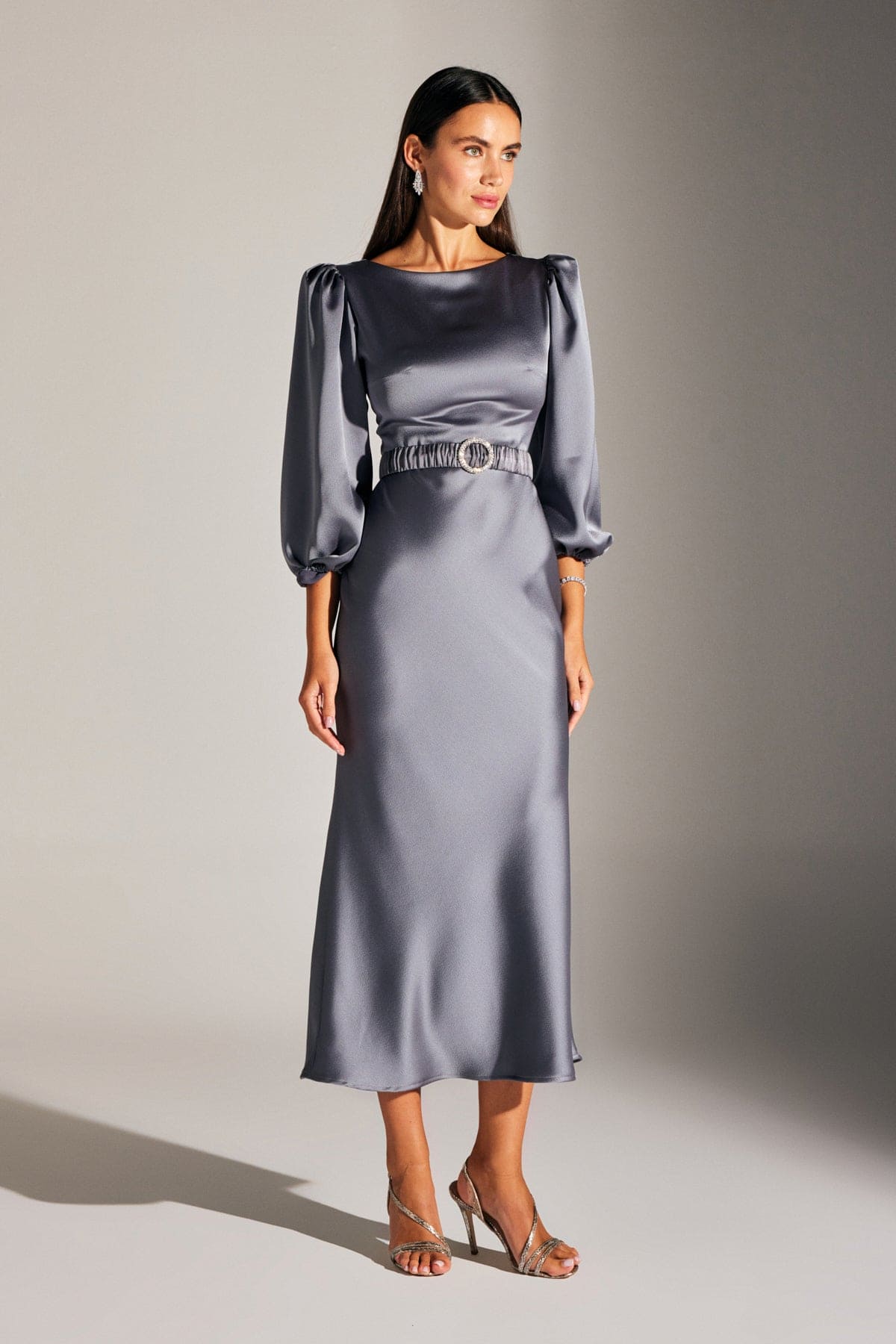 DIANA Balloon Sleeve GRAY dress with stone belt