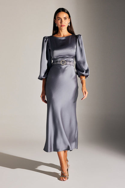 DIANA Balloon Sleeve GRAY dress with stone belt