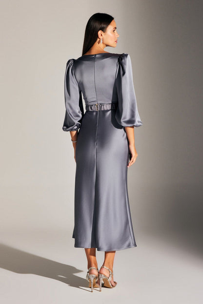 DIANA Balloon Sleeve GRAY dress with stone belt