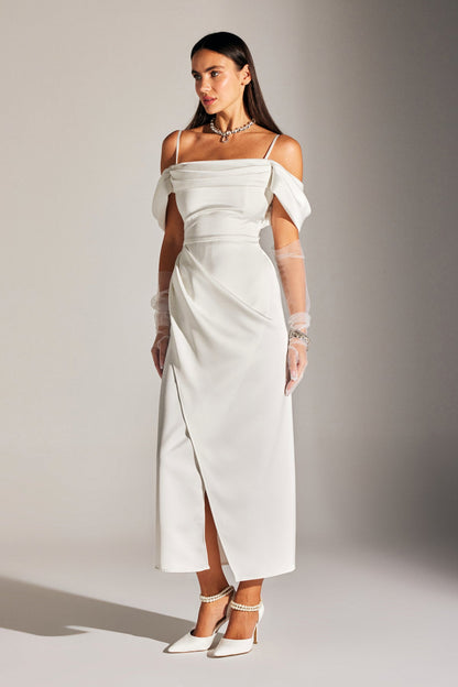 VERA DRAPED WHITE DRESS WITH STRAPS AND DROP SHOULDER DETAILS