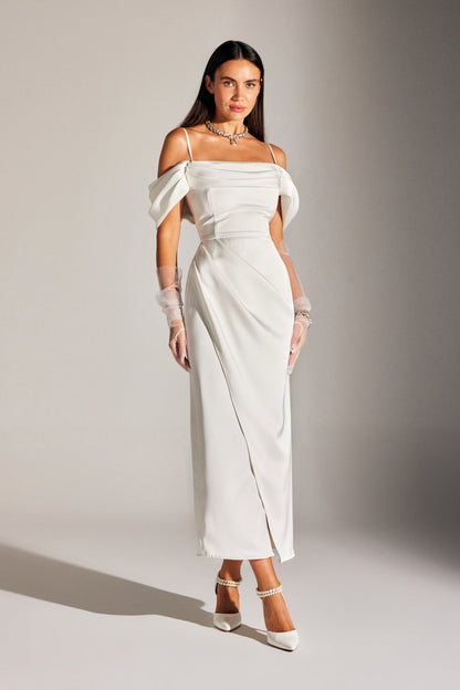 VERA DRAPED WHITE DRESS WITH STRAPS AND DROP SHOULDER DETAILS