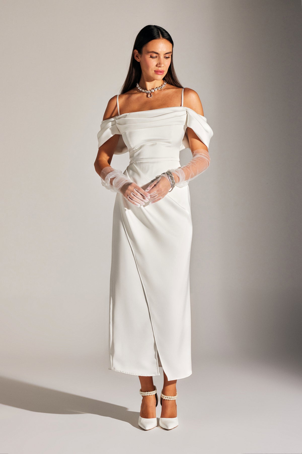 VERA DRAPED WHITE DRESS WITH STRAPS AND DROP SHOULDER DETAILS