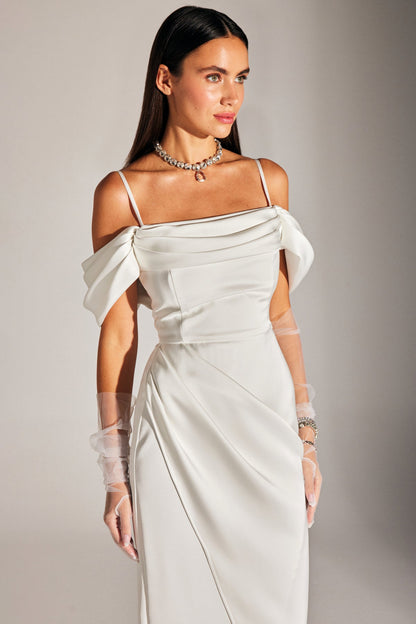 VERA DRAPED WHITE DRESS WITH STRAPS AND DROP SHOULDER DETAILS