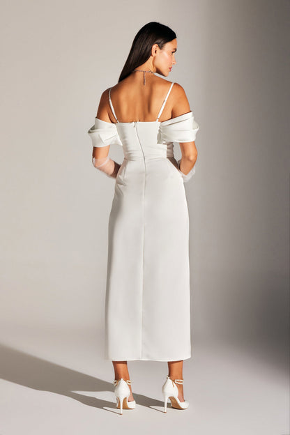 VERA DRAPED WHITE DRESS WITH STRAPS AND DROP SHOULDER DETAILS