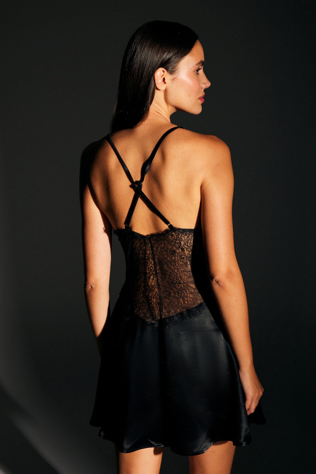 SERENA LACED SATIN BLACK NIGHTWEAR DRESS