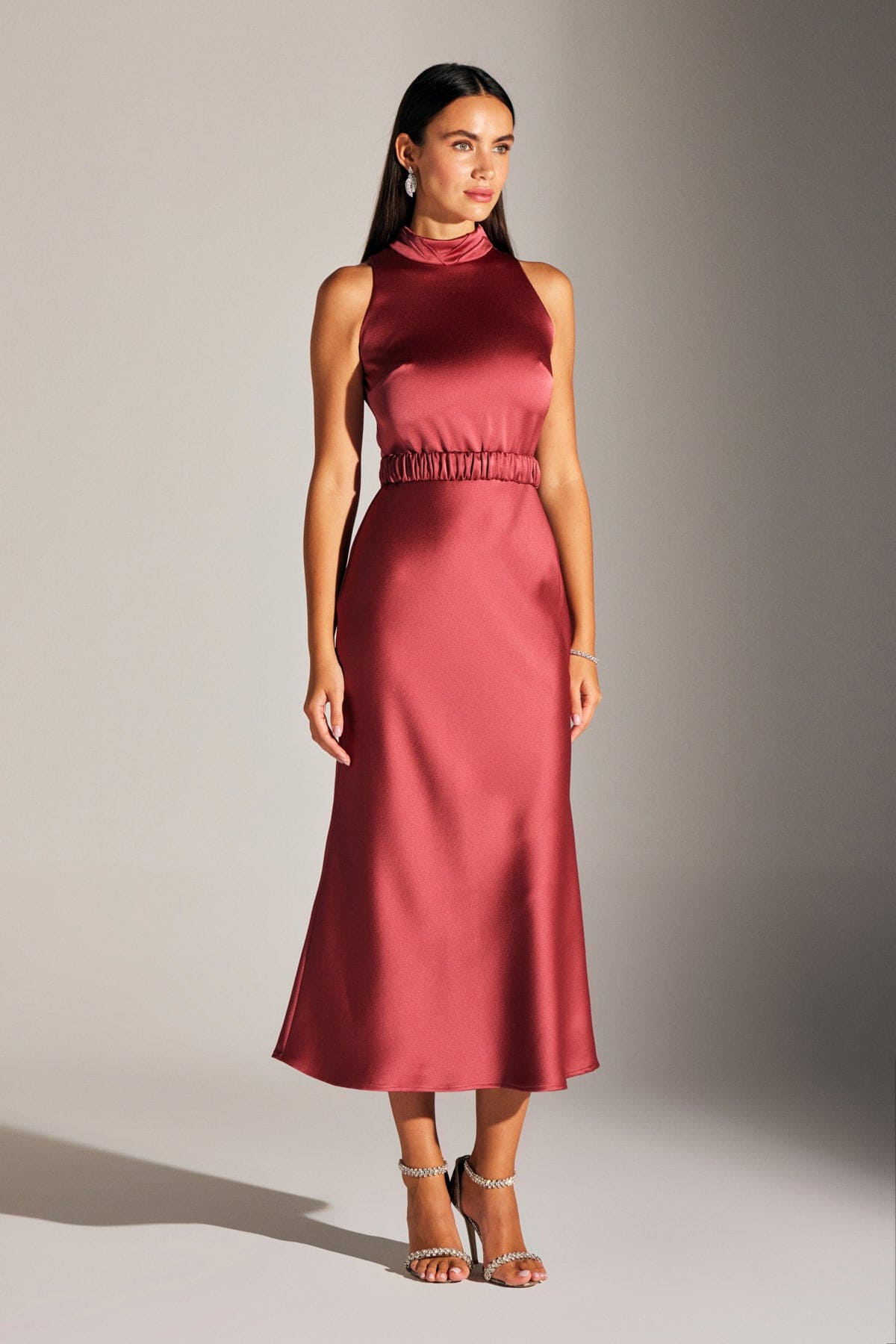 SIENA SLEEVELESS MADDEN COLLAR VENICE RED SATIN NIGHT DRESS