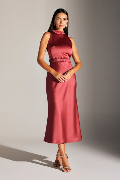 SIENA SLEEVELESS MADDEN COLLAR VENICE RED SATIN NIGHT DRESS