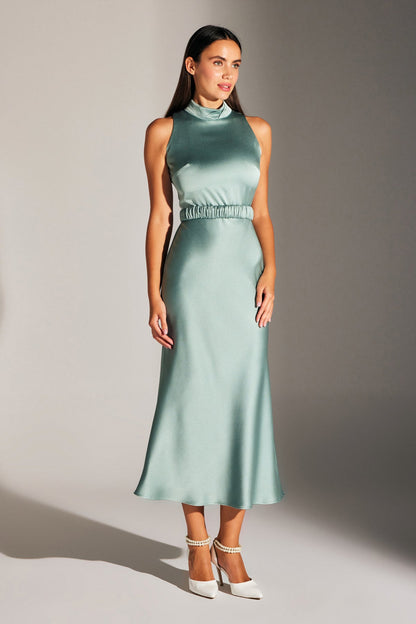 SIENA SLEEVELESS MAGIC COLLAR WATER GREEN SATIN NIGHT DRESS