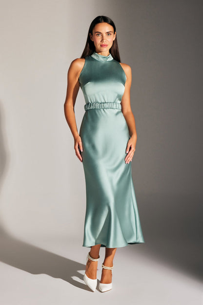 SIENA SLEEVELESS MAGIC COLLAR WATER GREEN SATIN NIGHT DRESS