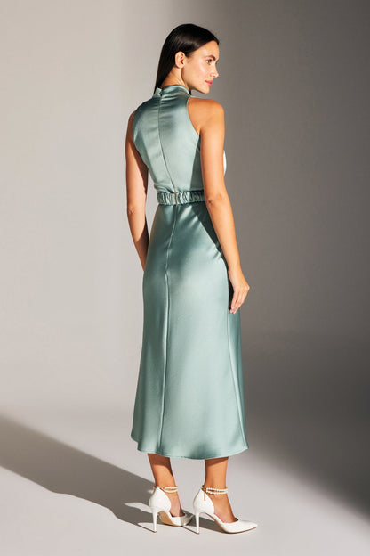 SIENA SLEEVELESS MAGIC COLLAR WATER GREEN SATIN NIGHT DRESS