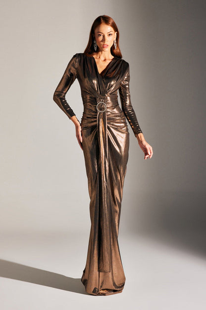 JANETTA BRONZE SHIMMERING BODY-WRAPPING STONE BELTED LONG SLEEVE EVENING DRESS