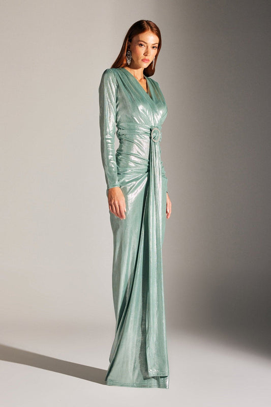 JANETTA WATER GREEN SHINING DRESS WITH STONE BELTED LONG SLEEVE EVENING DRESS