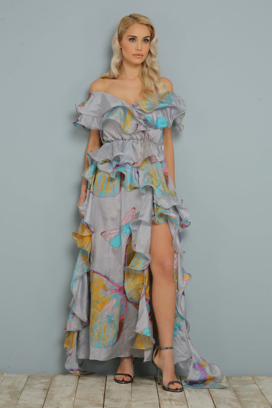 Butterfly Patterned Flounce 100% Silk Dress