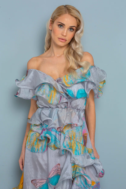Butterfly Patterned Flounce 100% Silk Dress