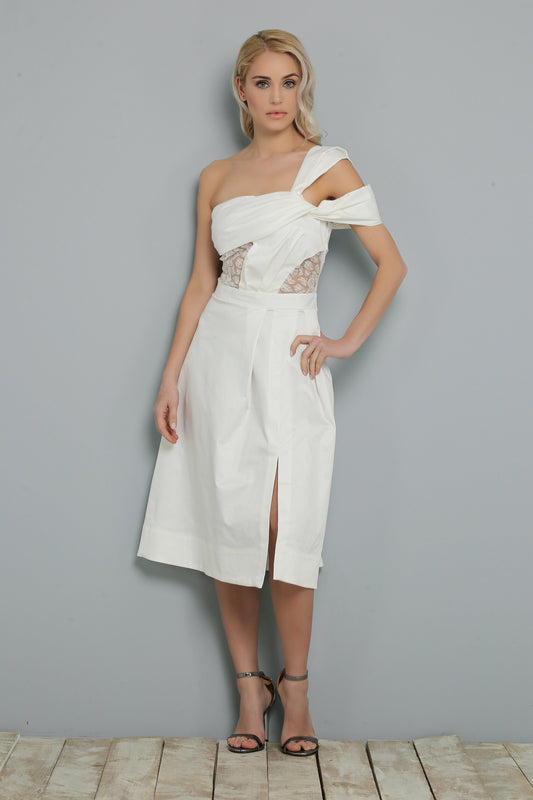 Shoulder Detailed Decollete White Dress