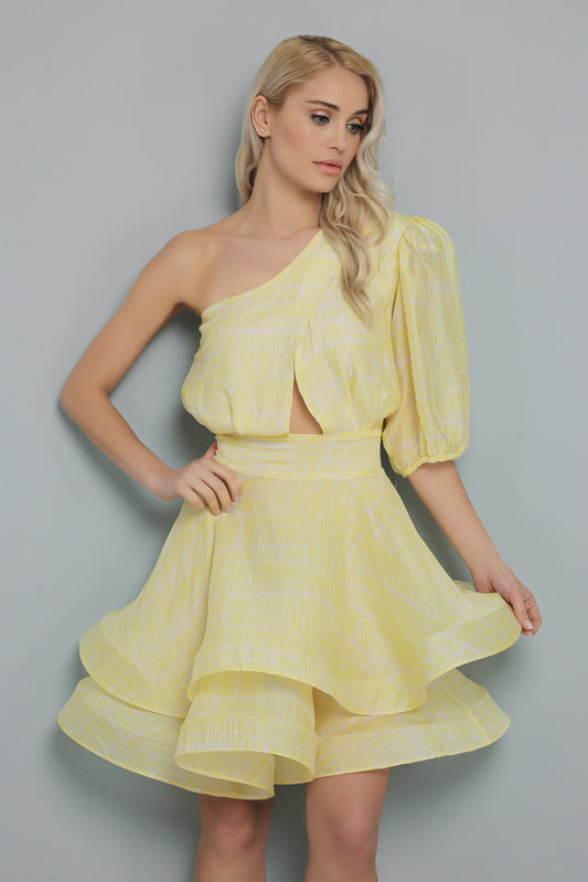 One Sleeve Ruffle Yellow Dress