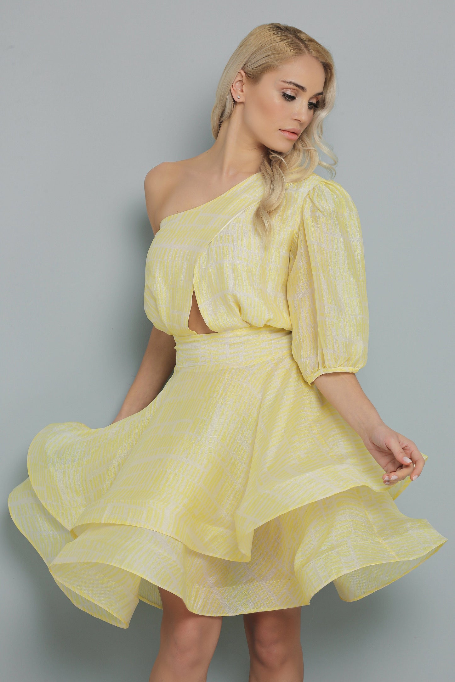 One Sleeve Ruffle Yellow Dress