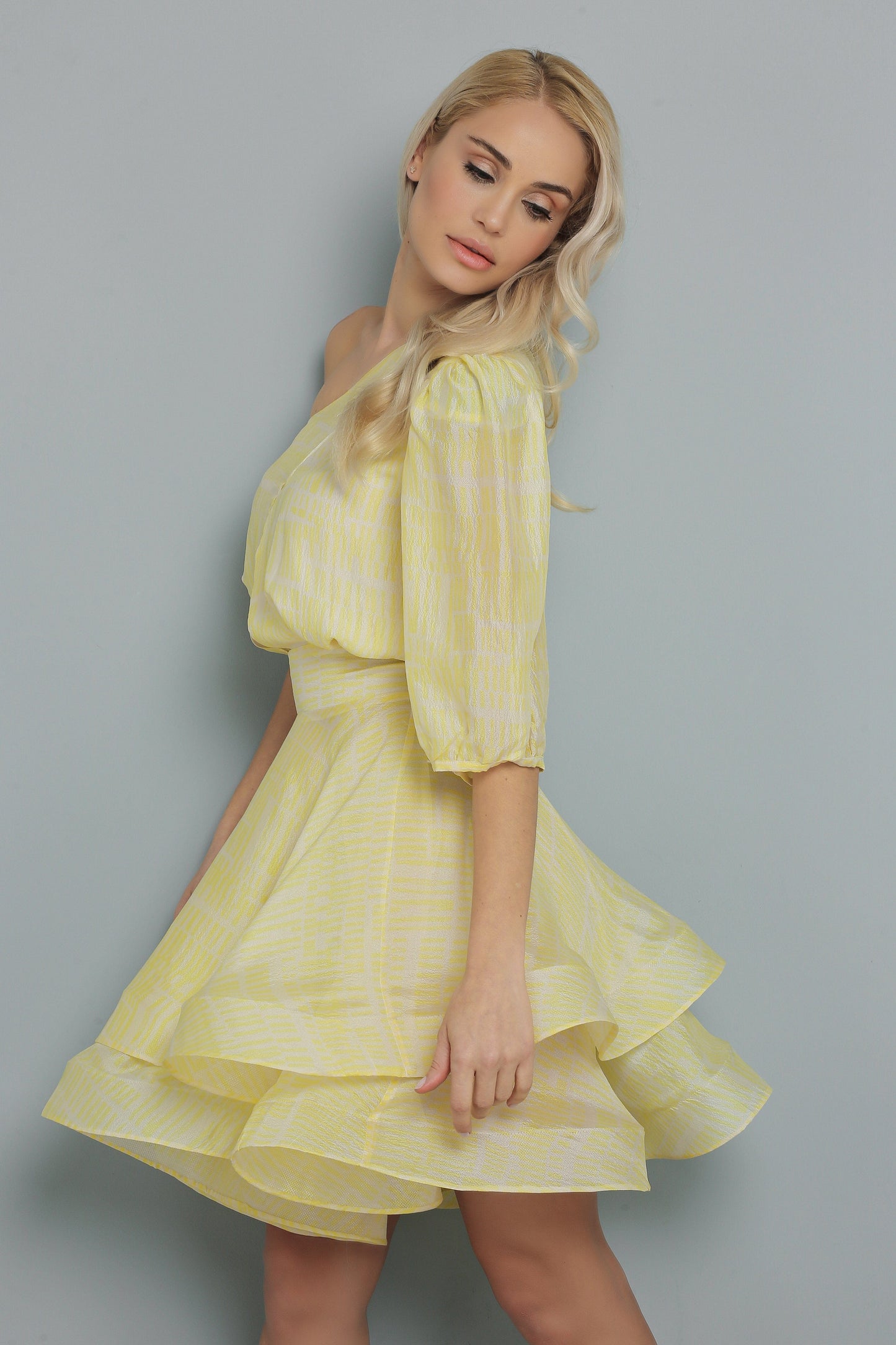 One Sleeve Ruffle Yellow Dress