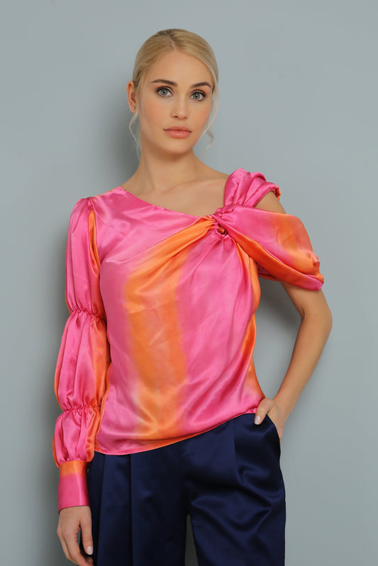 Orange-Rosa-Bluse aus 100 % Seide