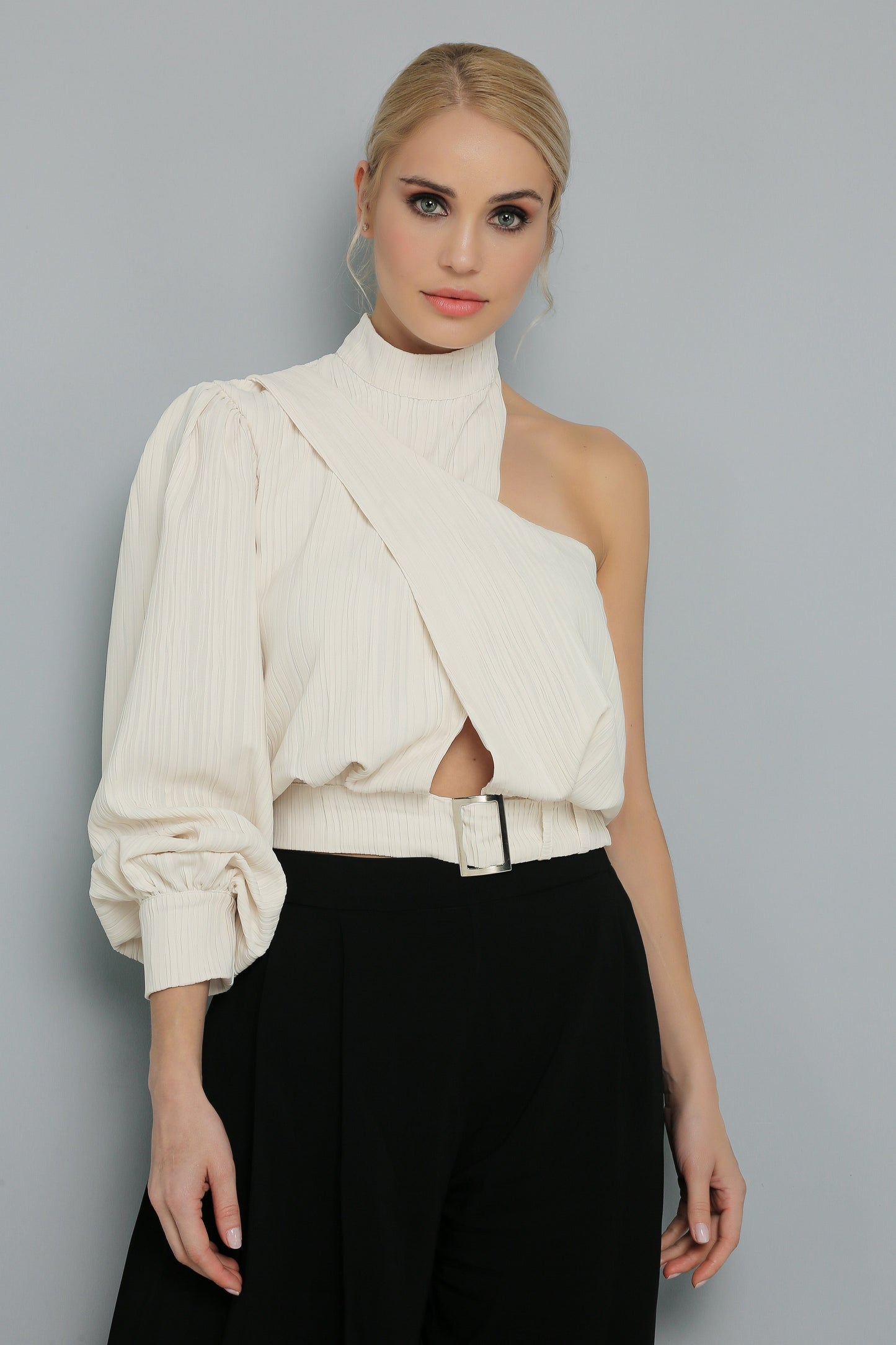 Pleated One-Sleeve Blouse