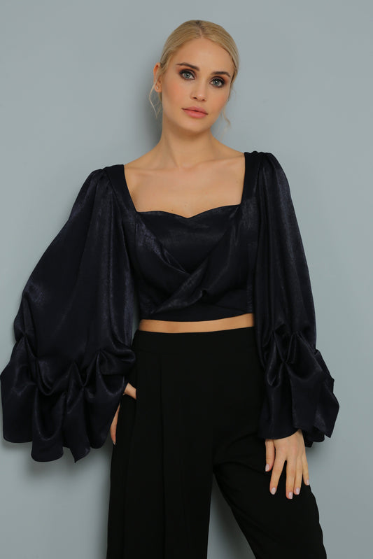 Wide Sleeve Navy Blue Crop-Top