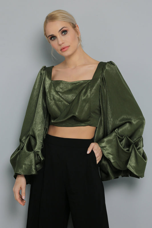 Wide Sleeve Green Crop-Top