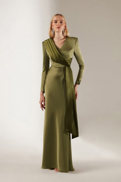 V Neck Shawl Khaki Evening Dress